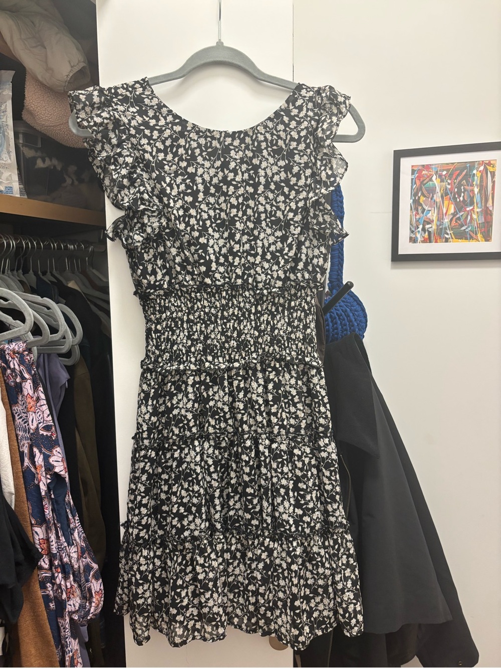 Altar'd State Black and White Floral Smocked Tiered Mini Dress